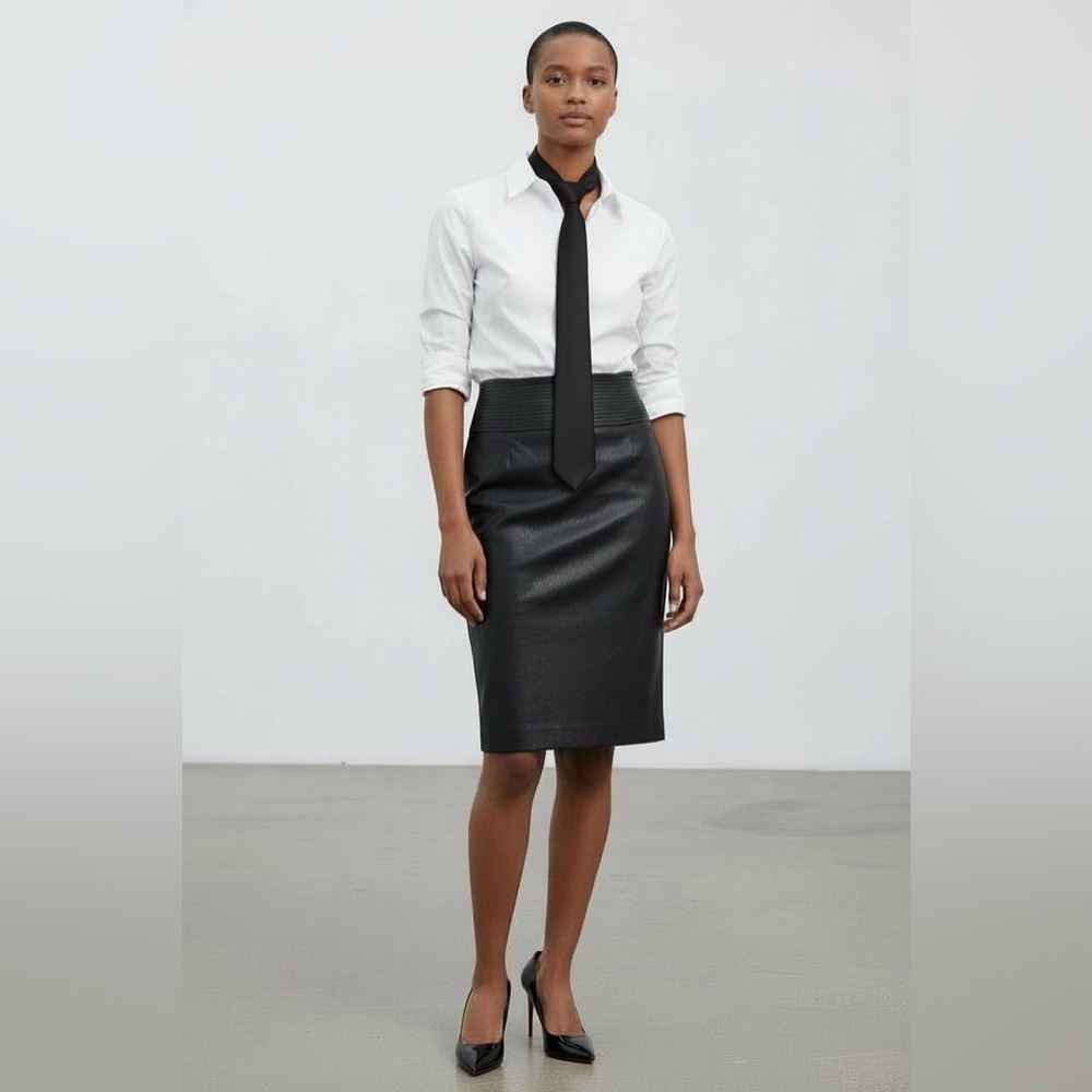 Adrienne Vittadini Black Faux Leather Quilted Waist Pencil Skirt Size 8